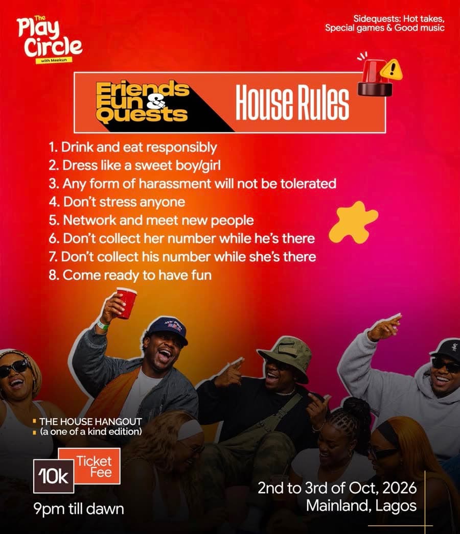 Poster: House Rules. Eight rules, including drink and eat responsibly, dress like a sweet boy or girl, no harassment, network and meet new people, and come ready to have fun.